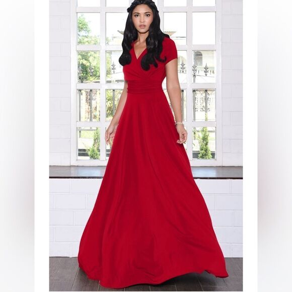 KOH KOH Cap Short Sleeve V-Neck‎ Flowy Maxi Dress - NT074 Red M NWT in packaging - Picture 1 of 7